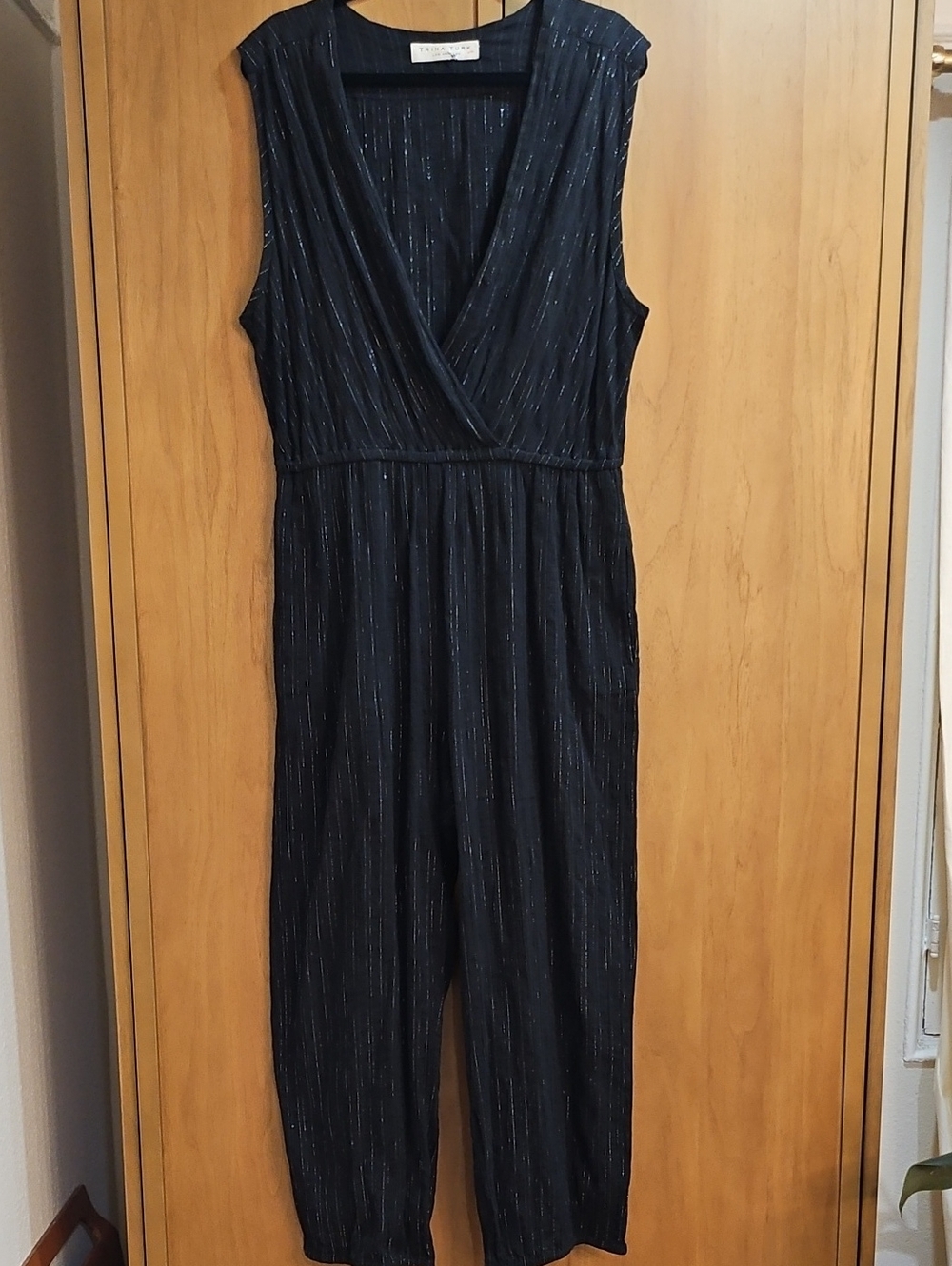 Trina Turk Black Metallic-Striped Sleeveless Wrap Jumpsuit